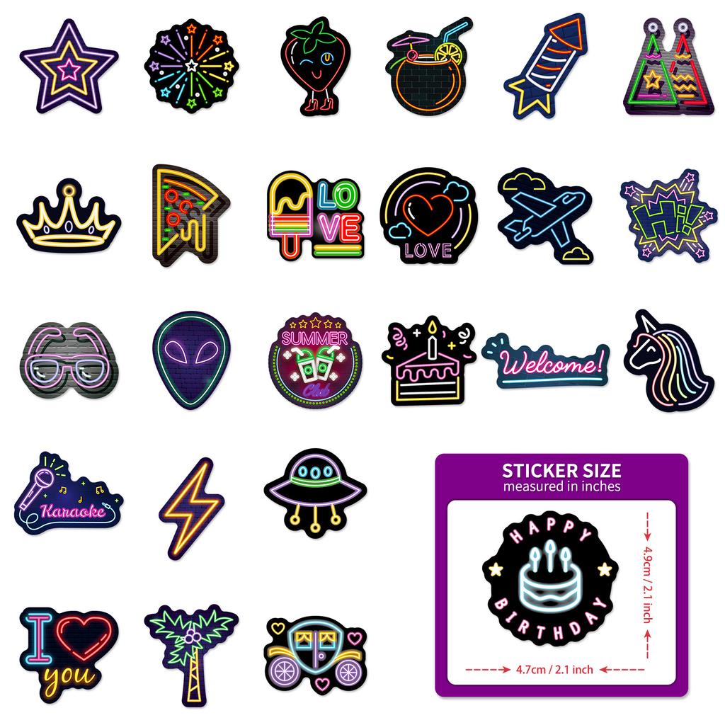 50PCS Waterproof Neon Graffiti Stickers Set for Guitar Skateboard Car Phone Toy Creative Cartoon Decoration Notebook