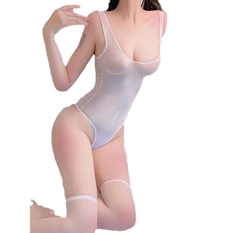 Průsvitné spodní prádlo v japonském stylu: Dámské body s podvazky s otevřeným rozkrokem na spaní