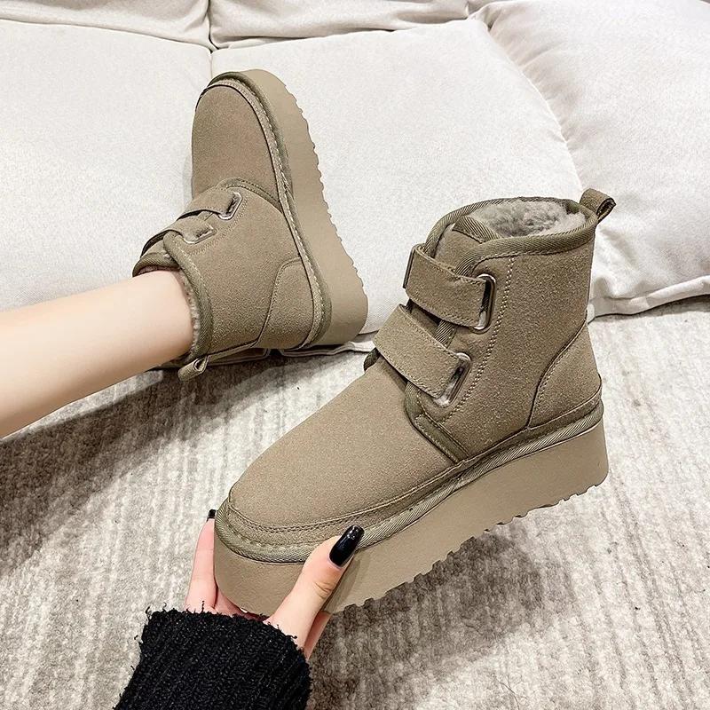 Mode 2024 Winter Outdoor Knöchel Schneestiefel Damen Plüsch Warme Schuhe Klassische Ultra Plattform Rindsvelours Pelzig Klettverschluss Flache Stiefeletten