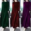 Pile Collar Long Sleeves Pockets A-Line Women Dress Spring Autumn Pleated Loose Hem Solid Color Velvet Maxi Dress