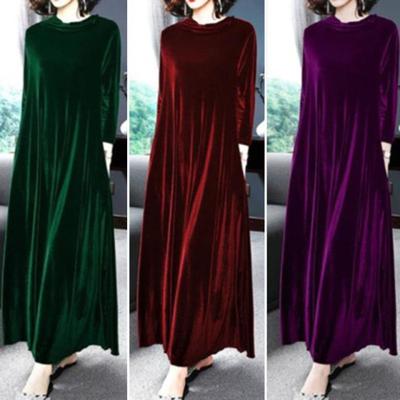 Stehkragen Lange Ärmel Taschen A-Linie Damenkleid Frühling Herbst Plissierter Lockerer Saum Einfarbig Samt Maxikleid