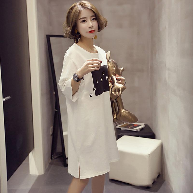New Korean Style Loose Mid-length Short-sleeved Slit Dress for Women Half-sleeved Student T-shirt Women Top