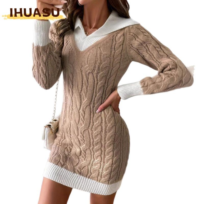 IHUASU Women's Fashion Summer Spring Solid Color Print POLO Neck Long Sleeve Casual Dresses