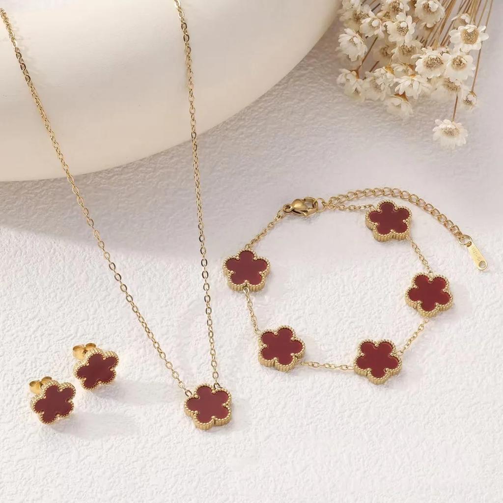 316L Stainless Steel Five Leaf Clover Pattern Bracelet Necklace Earrings Jewelry Set Classic for Women Trend Party Charm Gifts