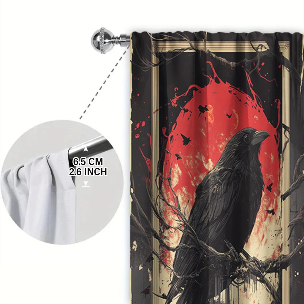 2pcs Skeleton and Crow Printed Curtain for Halloween Home Decor - Rod Pocket Window Treatment for Bedroom, Office, Kitchen