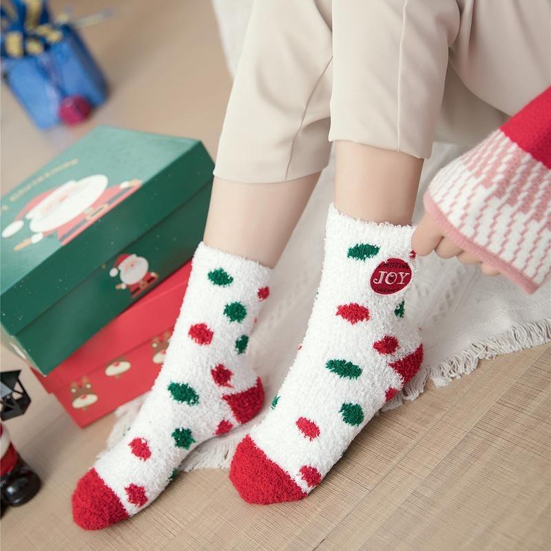 Autumn and Winter New Socks Women's Coral Fleece Thickened Three-dimensional Cartoon Embroidered Christmas Socks Half Fleece Home Socks
