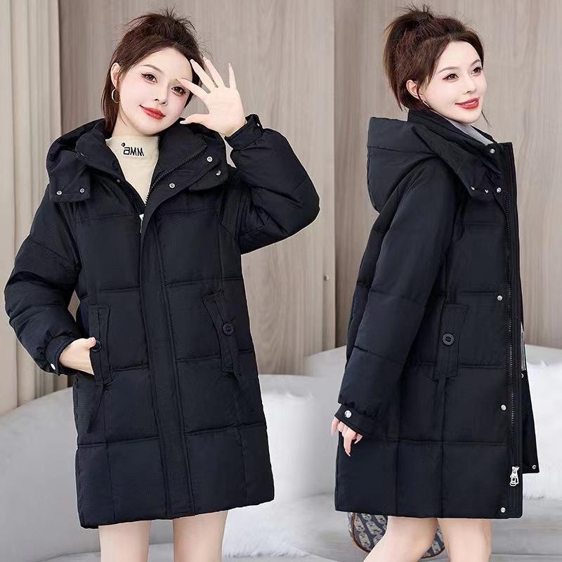 Winter New Women's Mid-Length Down Cotton Jacket with Hood Korean Style Simple Versatile Thickened Warm Cotton Coat