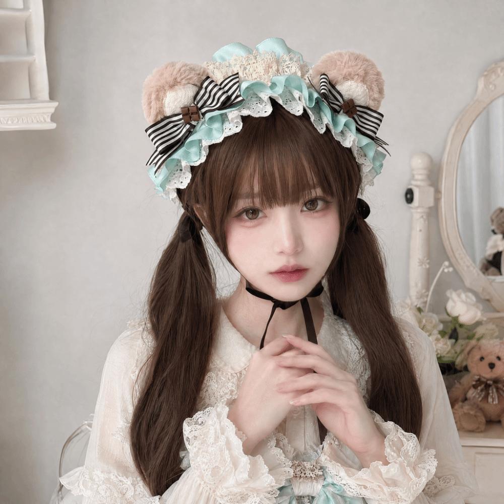 Sweet Lolita Hair Hoop Lace Bow KC Girl Hair Accessory Bear Ear Cookies Headband  Hair Styling