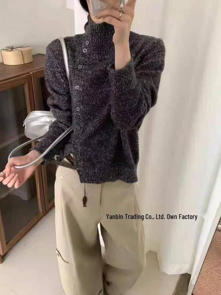 Women's Asymmetrical Button-Up Wool Cardigan - Soft High Neck Knit Sweater for Autumn and Winter Layering