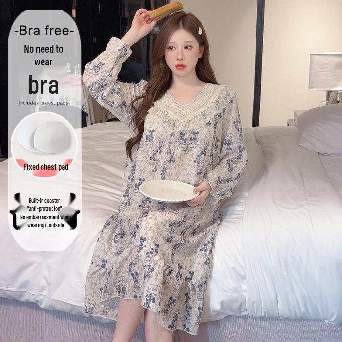 2025 V-Neck Pearl Cotton Long Sleeve Nightgown with Chest Pad – Spring/Autumn Oversized Sleep Dress for Indoor/Outdoor Wear