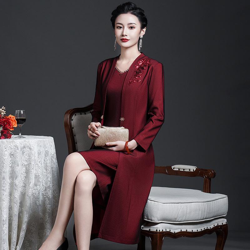 2022 Autumn/Winter Wine Red Women's Plus-Size Fleece Two-Piece Set for Middle-Aged & Elderly (Long Sleeve Jacket)