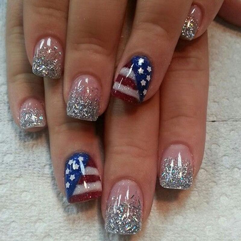 

Independence Day Nail Art Square Press On Nail with American Flag Designs Blue Red Glitters 24Pcs False Nail Manicure 1