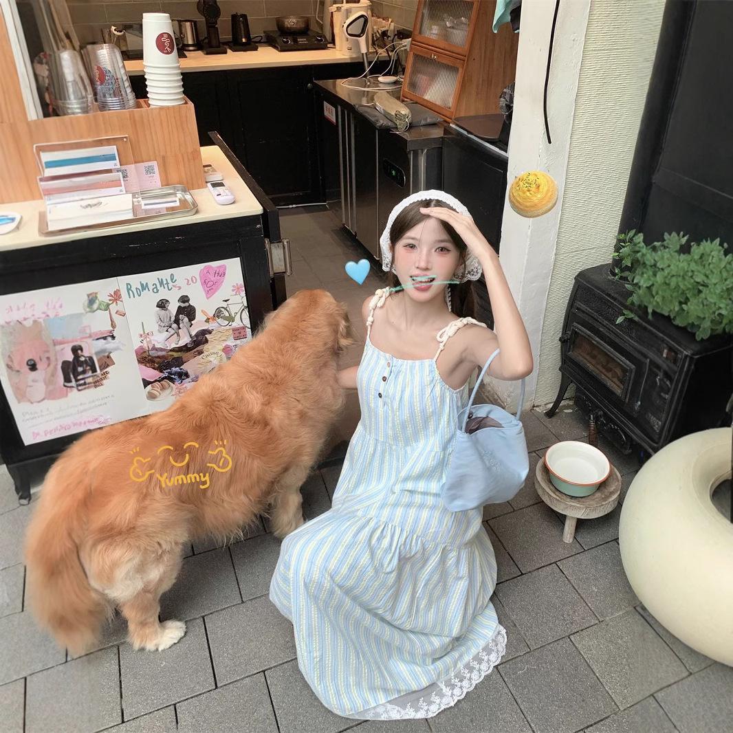 

Women s Summer 2024 Blue Striped Sling Dress - Casual Loose Fit, Slimming Design. S