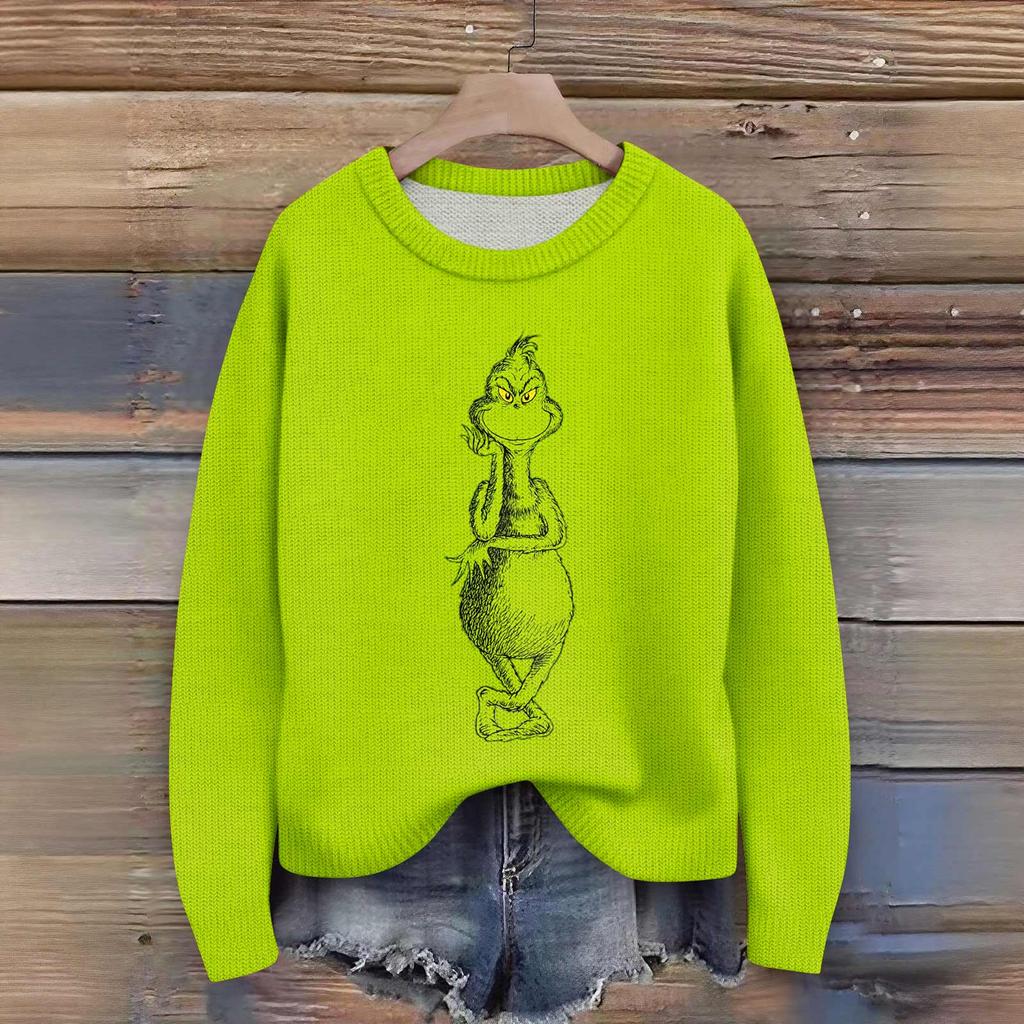 Long Sleeve Pullover Sweaters For Women O Neck Casual Cute Printing Knit Oversized Sweater