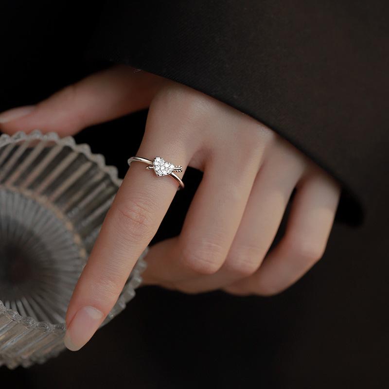Love Zircon Ring, Women's Light Luxury Niche Design, Full of Diamonds, One Arrow Through The Heart, Index Finger Ring, Opening Adjustable Tail Ring