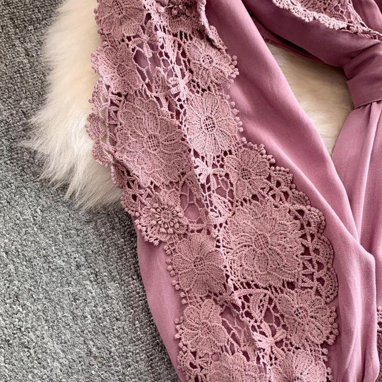 Elegant Korean Fashion Sexy Chic Lace Ruched Slim Dress Vintage Summer Long Dress Women Clothing