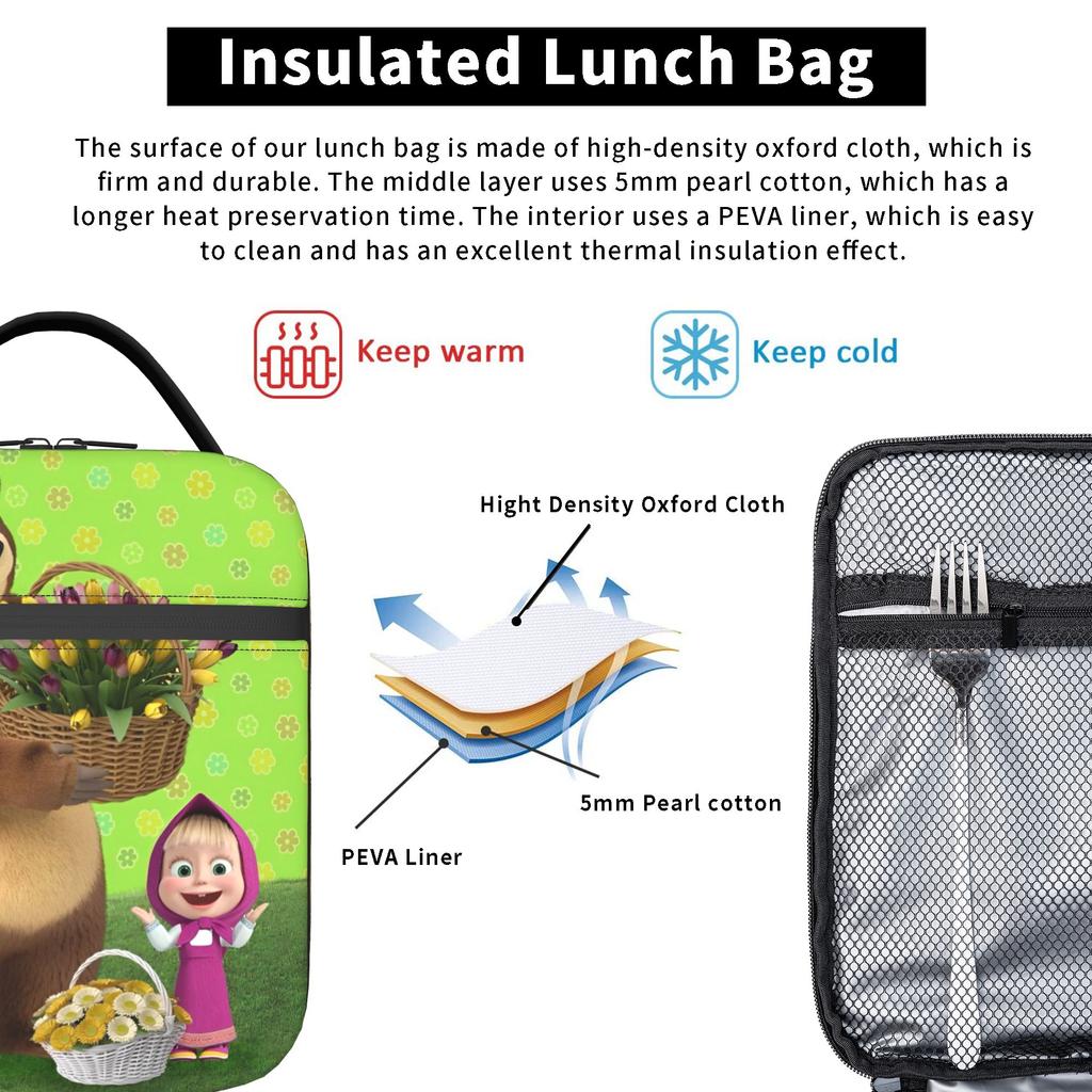 Cute Cartoon M-Masha And Bear Insulated Lunch Bags Portable Lunch Container Thermal Bag Tote Lunch Box Office Travel Men Women