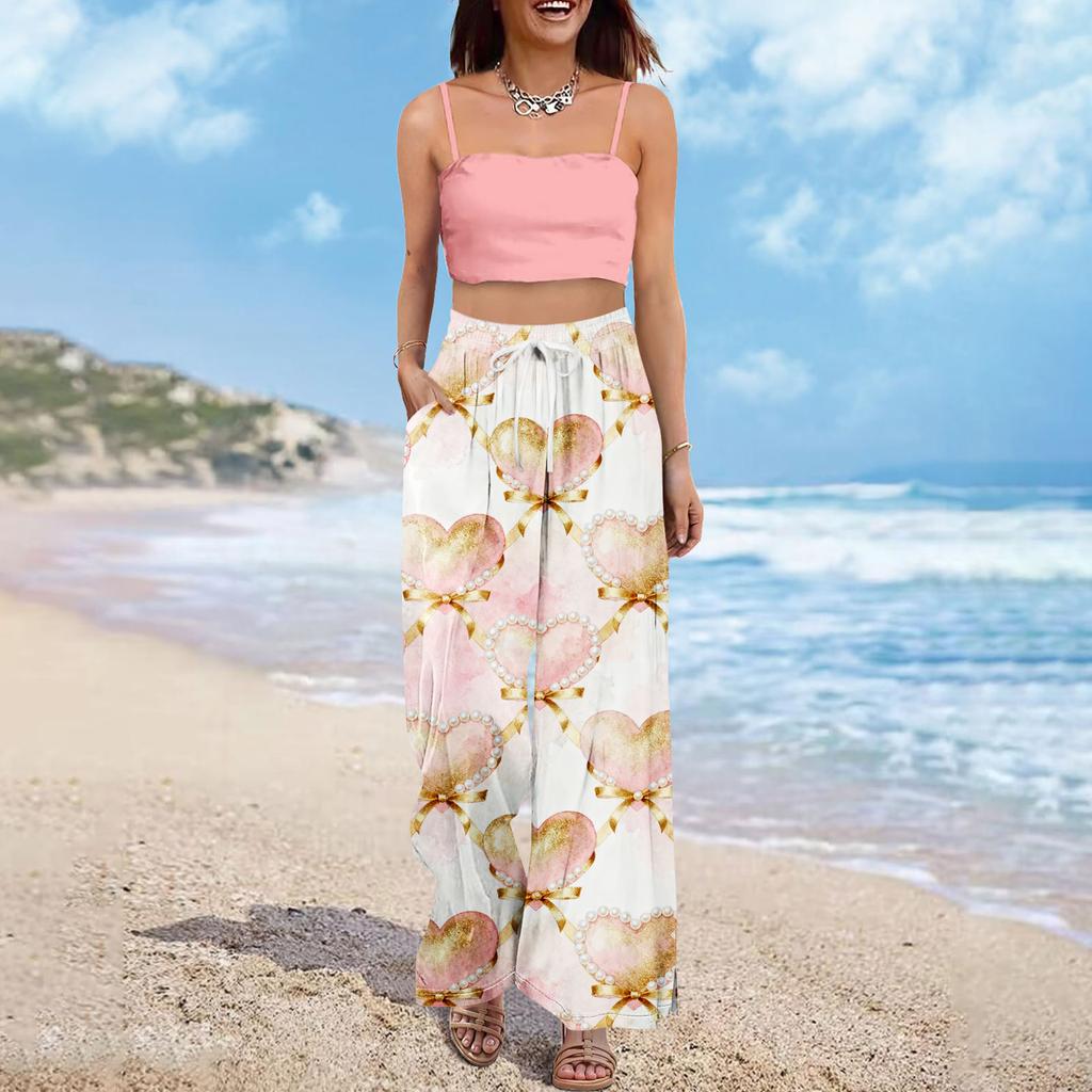 Pantaloni largi cu talie înaltă pentru femei, stil boho de vară, stil palazzo, cu imprimeu, casual, cu buzunare