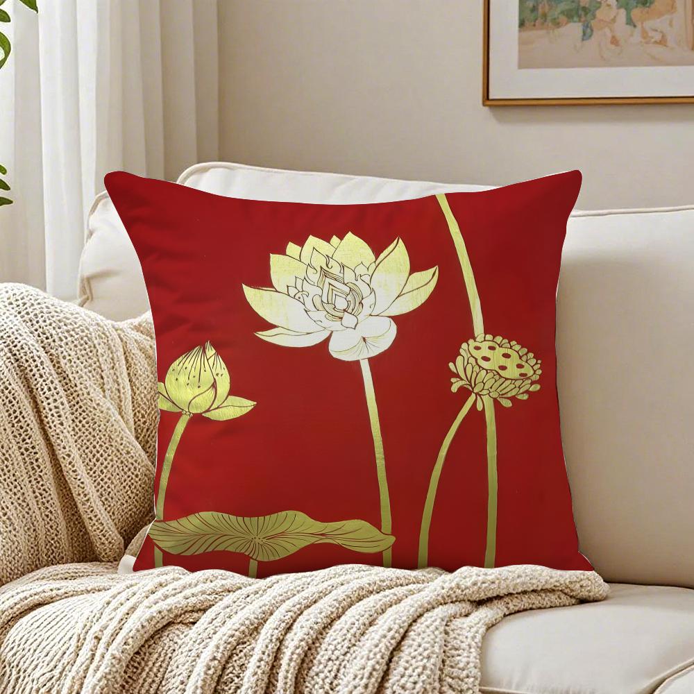 Simpl Pretty Golden Lotus Cushion Cover Breathable Short Plush Pillow Cases Machine Washable Wrinkle-Resistant Soft Durable