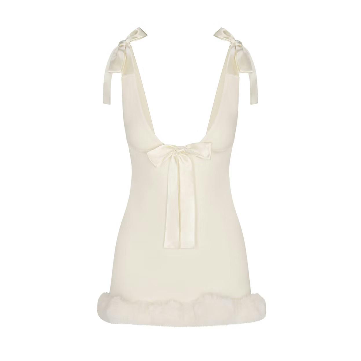 Kardashian-Inspired Sexy Deep V-Neck Fluffy Satin Bow Party Dress Small белый