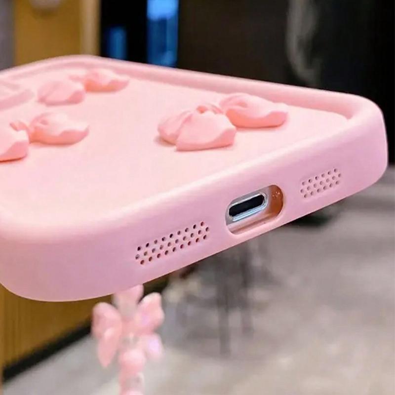 Cute 3D Bowknot Silicone Phone Case For iPhone 11 12 13 14 15 16 17 Pro Max 16E X XS XR 7 8 Plus Bow Lanyard Hanging Rope Cover