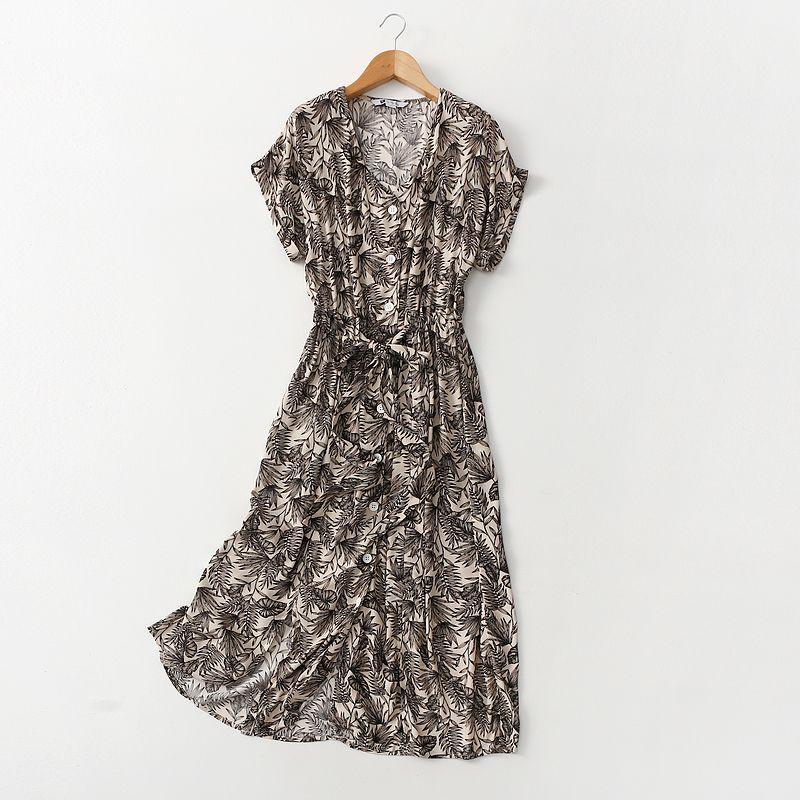 

Foreign Trade Original Order French style Retro Print Strap Waist Hugging Dress Women Summer Drape Front Breasted Short sleeve Long dress Light brown Print Eurocode -24
