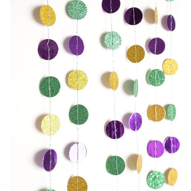 Cheerland Green Purple Gold Mardi Gras Mask Banner Paper Bead Garland Set for Mardi Gras Theme Party Decorations Triangle Flag Bunting for Fat