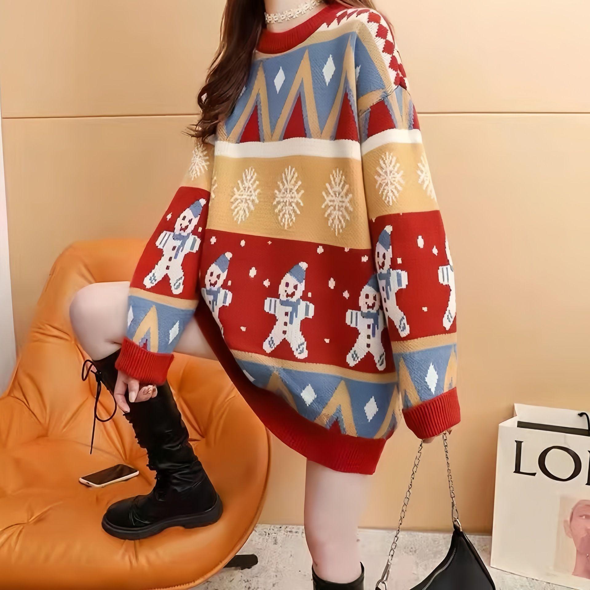 

Autumn Winter New Loose Oversized Sweater Women Christmas Snowflake Knitted Longline Thickened Pullover One Size червоний