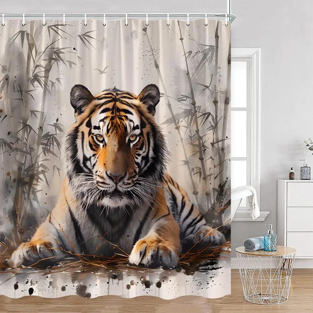 Wild Animals Shower Curtain Tiger Forest Elegant Panther Green Palnts Rose Floral Home Decor for Bathroom Polyester Bath Curtain