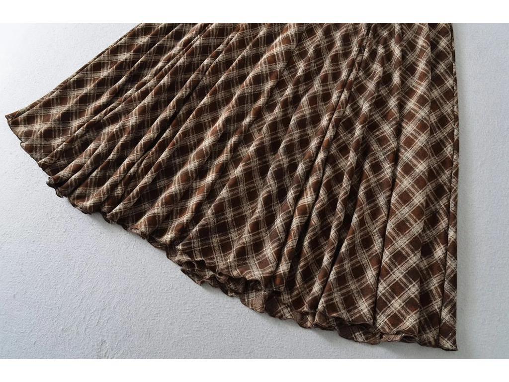 Women's High Waist Slimming A-line Brown Plaid Midi Skirt - 2025 Autumn/Winter Collection