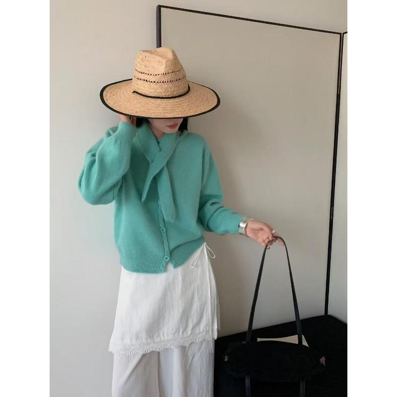 New Solid Color Simple Temperament Single-breasted Knitted Cardigan with Scarf Two-piece Women's Casual Jacket
