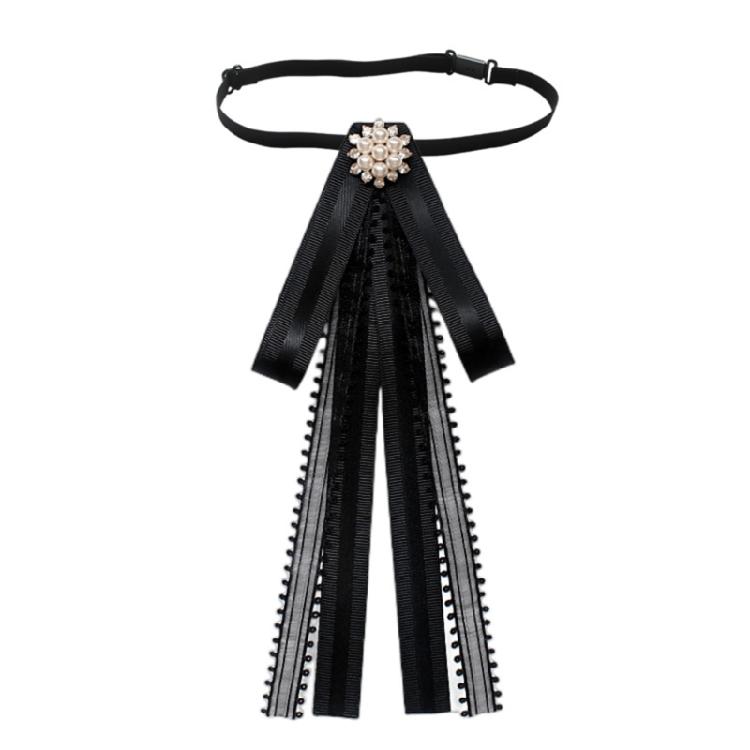 Women Ribbon Bowtie Brooch Pretied Crystal Jewelry Necktie Bowknot Jabot Collar