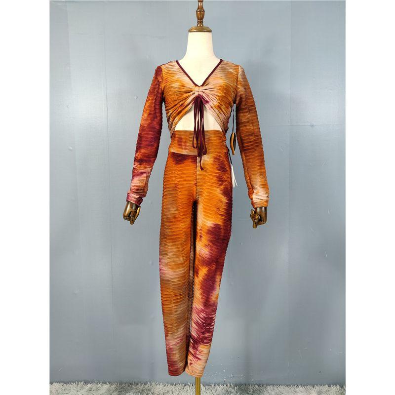 

Заказ внешней торговли Сексуальный гяру Удобный жатый стрейч С длинным рукавом На шнуровке Короткий до пупка Тай-дай Женский топ Брючный костюм Brown XL