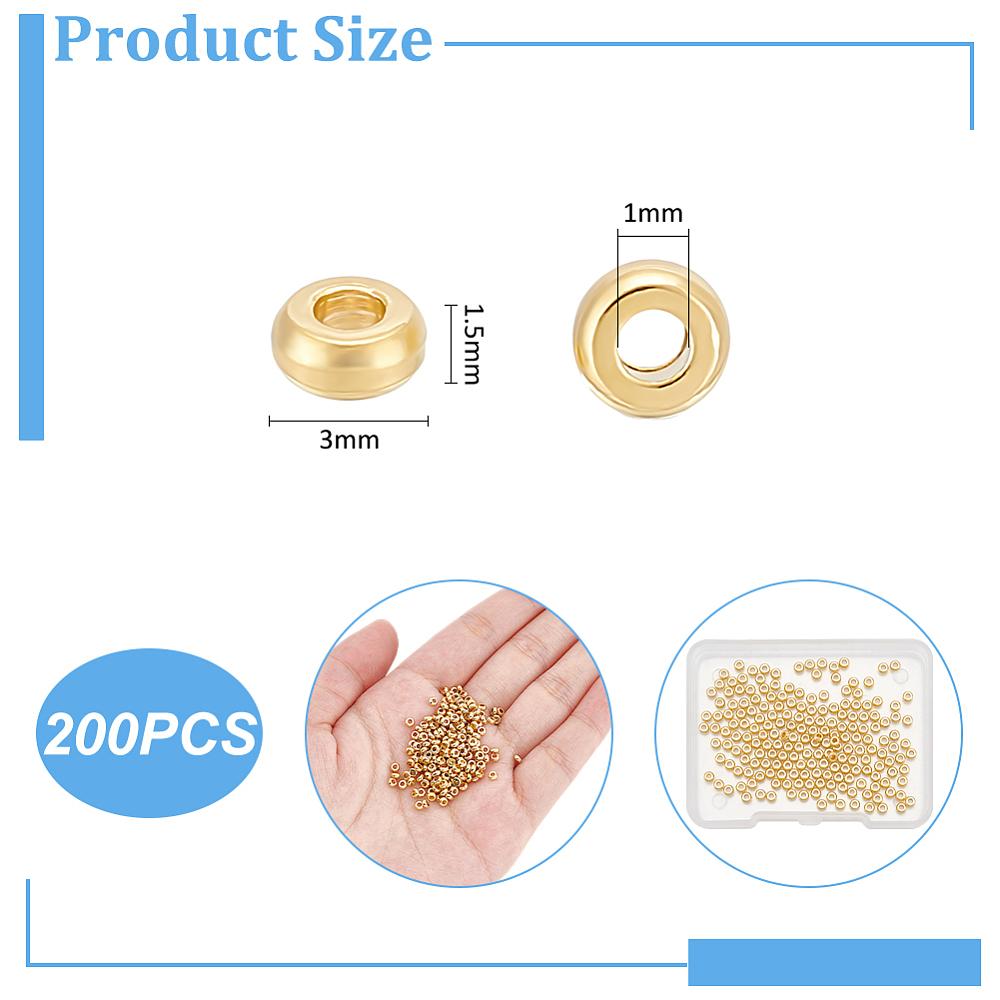200Pc Rack Plating Brass Spacer Beads, Long-Lasting Plated, Cadmium Free & Lead Free, Rondelle, Real 18K Gold Plated, 3x1.5mm, Hole: 1mm