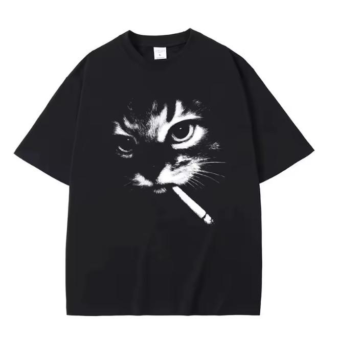 Funny Meme Smoking Cat Face Graphic T-shirts M