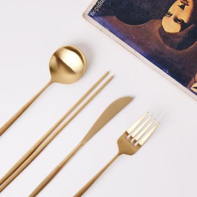 Avella Premium Glossy and Matte Gold Cutlery Set: Spoon, Fork, Chopsticks, and Knife