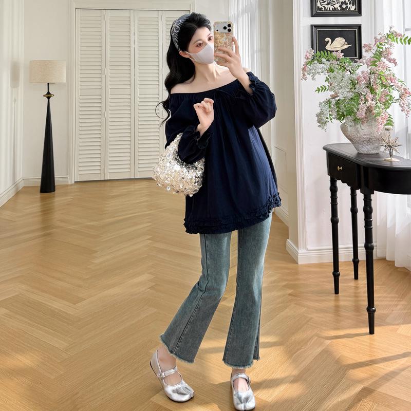 2026 Spring Maternity Retro Coffee Pleated Lace-up Shirt 2XL темно-синий