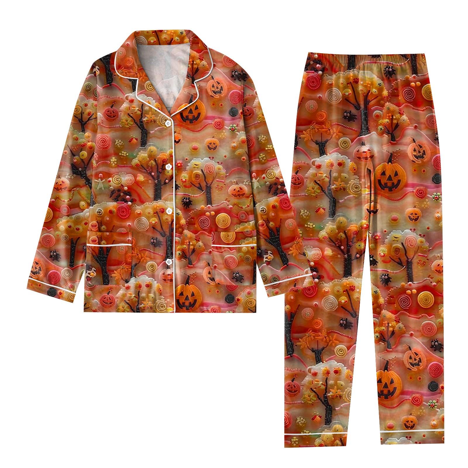 

Женский костюм из 2 предметов с принтом, топ на пуговицах с длинными рукавами, широкие брюки, комплект, пижамный домашний повседневный костюм XL оранжевый