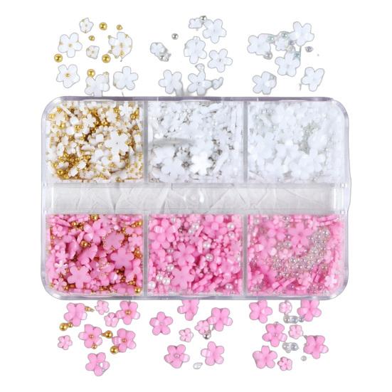 1 Box 3D Flower Nail Art Charm 6 Grids Resin Floral Charms Golden Beads DIY Nail Design Jewelry Crafts Manicure Decoration Accessories