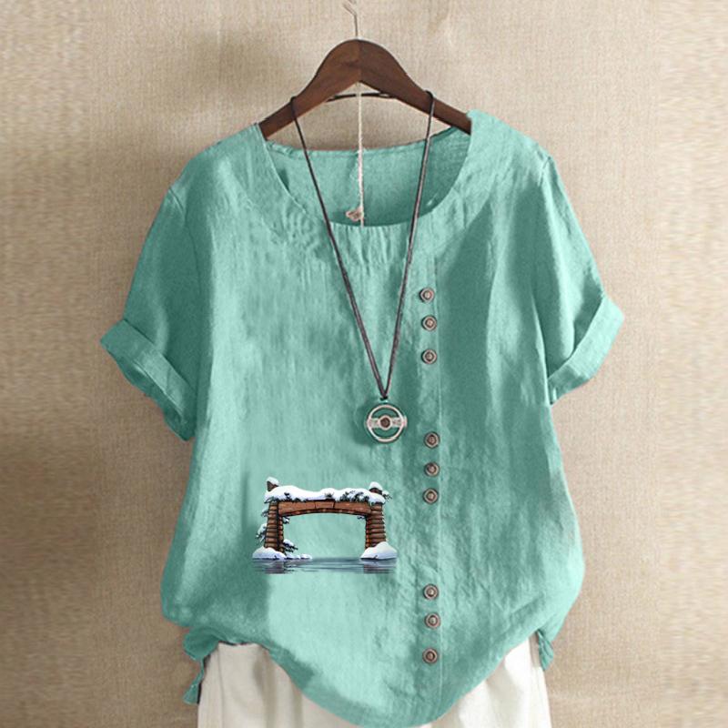 Women's Fashion Round Neck Short Sleeve T-shirt Casual Cotton Linen Graphic Shirt Leisure Loose Door Prined Summer Blouse Tops