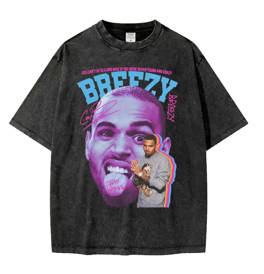 Rapper Chris Brown Breezy Großes Gesicht Grafik T-Shirt Unisex Damenmode Vintage Gewaschen Übergroß Kurzarm T-Shirts Streetwear