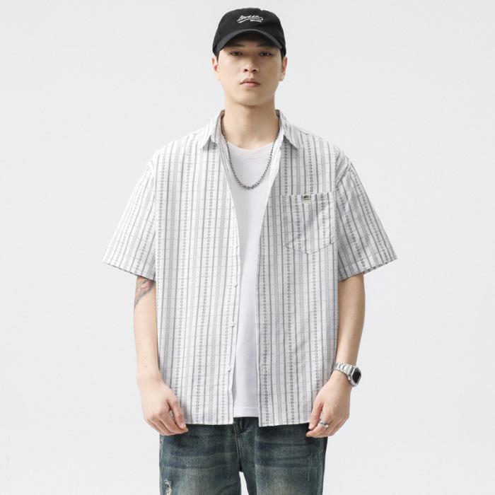 Summer Jacquard Ice Silk Work Shirt Style Men's Summer Lapel Loose Short-sleeved Shirt