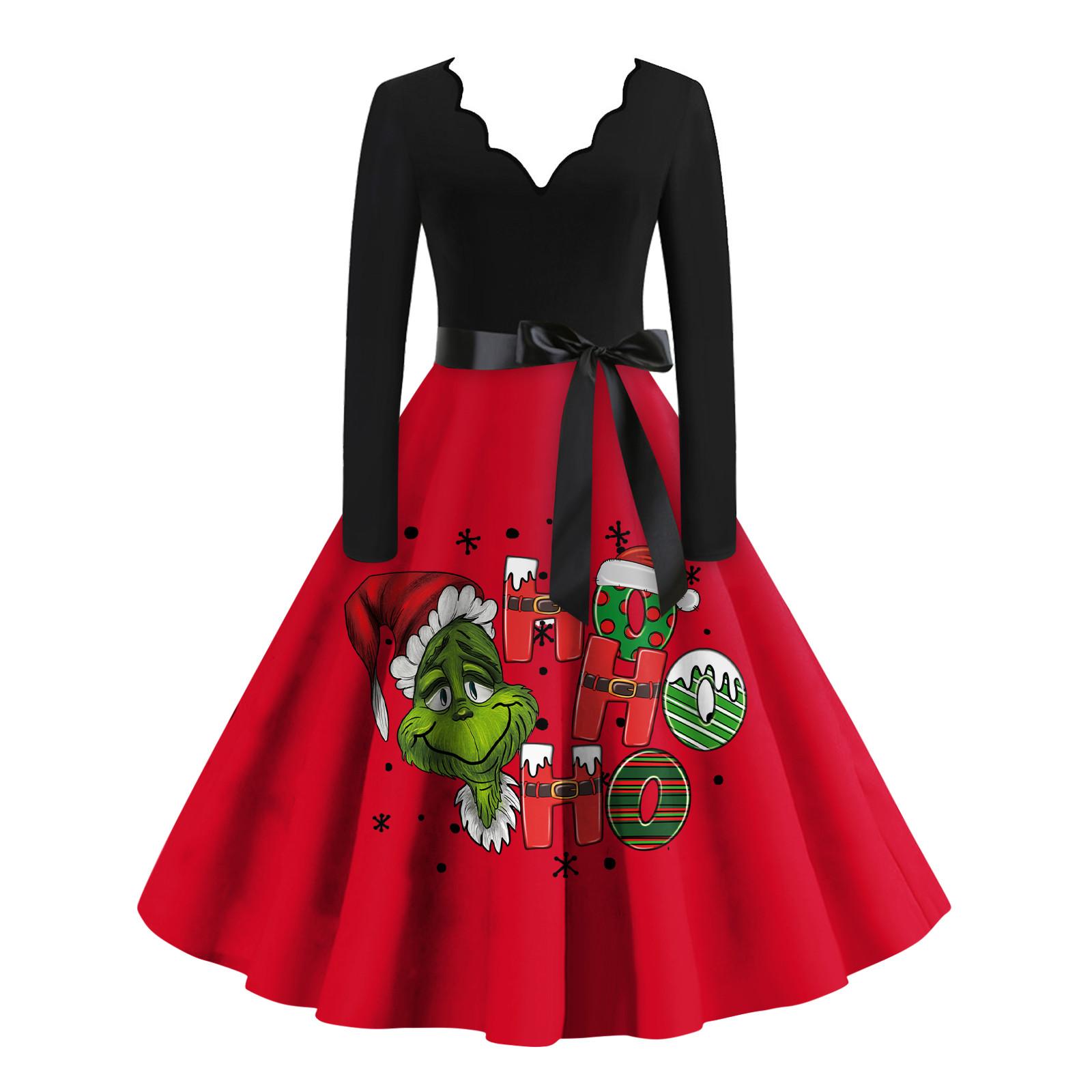 

Women s Christmas Casual Fashion V-Neck Long Sleeve Printed Vintage Dresses XXXL винний