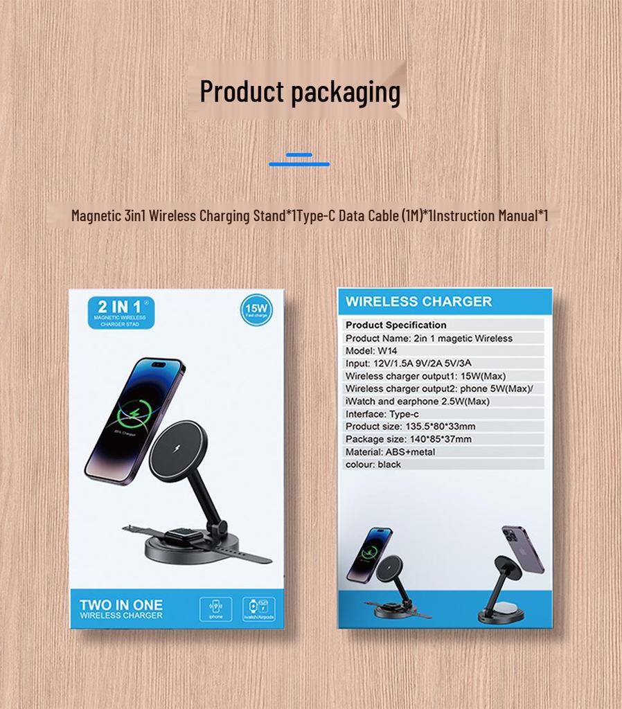 Adjustable 3-in-1 Foldable Magnetic Wireless Charger for iPhone, Apple Watch, and Earphones.