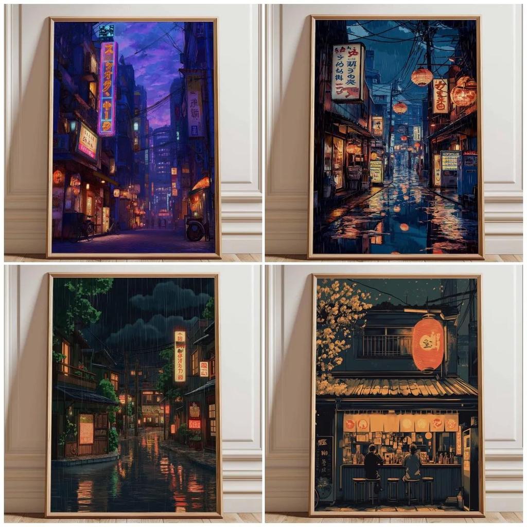 Neon Tokyo Street Poster Print Cyberpunk Night City Wall Art Japanese Urban Lights Decor Futuristic Anime Style Home Decor
