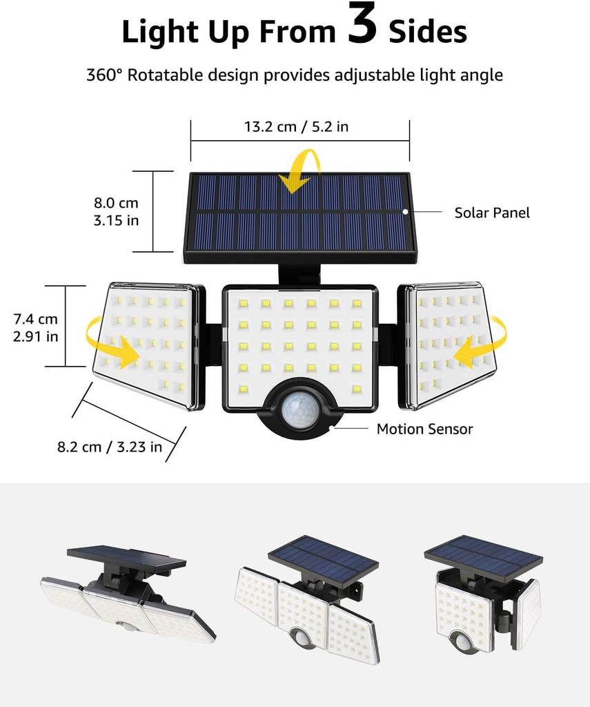 LE Solar Lights for Outside, Solar Lights Outdoor with Motion Sensor, WL4000 High Brightness, 3 Adjustable Heads 270° Wide Light