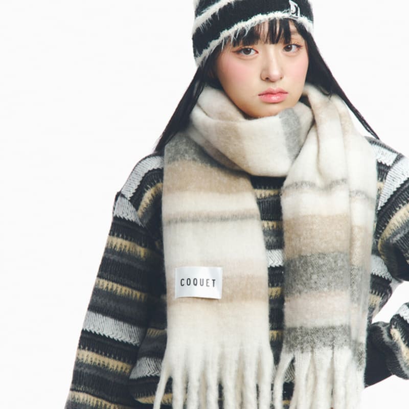 COQUET FRINGED BRUSHED STRIPE wide LONG MUFFLER CREAM