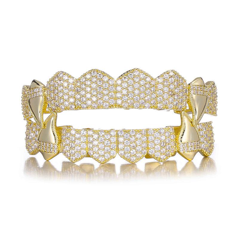 Htpwe Hip Hop Full CZ Stones Teeth Grillz Caps Cubic Zircon Iced Out Micro Pave Top&Bottom Charm Grills For Men Women Zircon