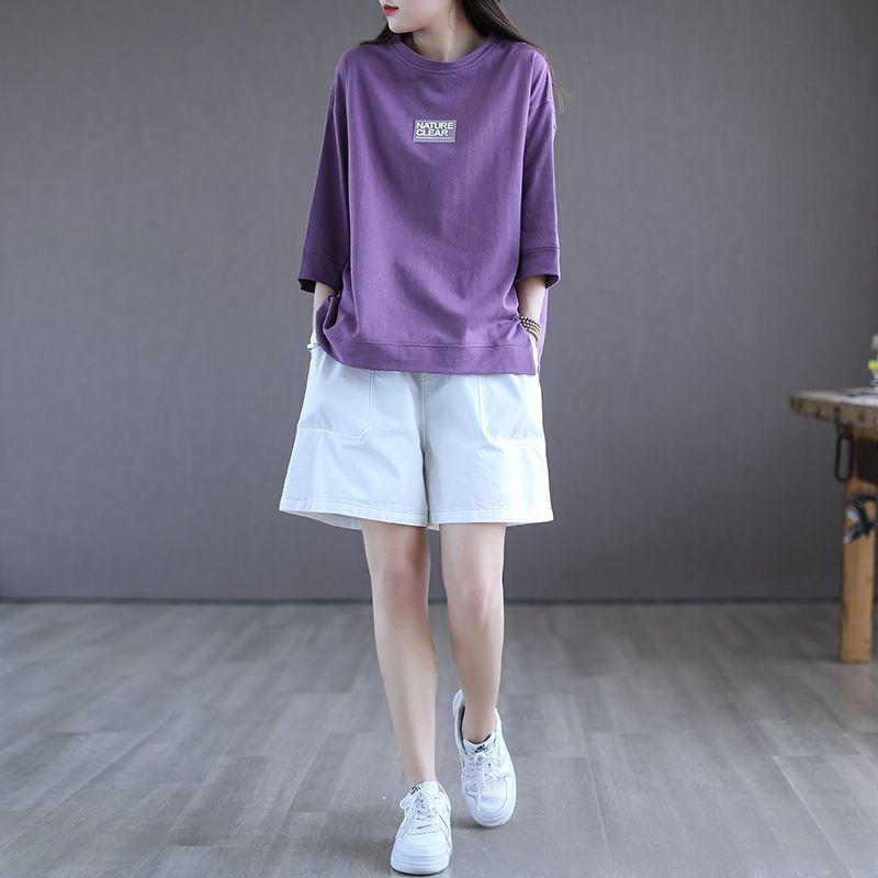 Fashion Three-quarter Sleeve Purple T-shirt Women's Short-sleeved Bottoming Shirt Casual Loose Plus Size Women's Spring and Summer Tops
