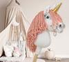 Hobby Horse Unicorn on a stick, small white, with a dusty pink mane and a golden horn